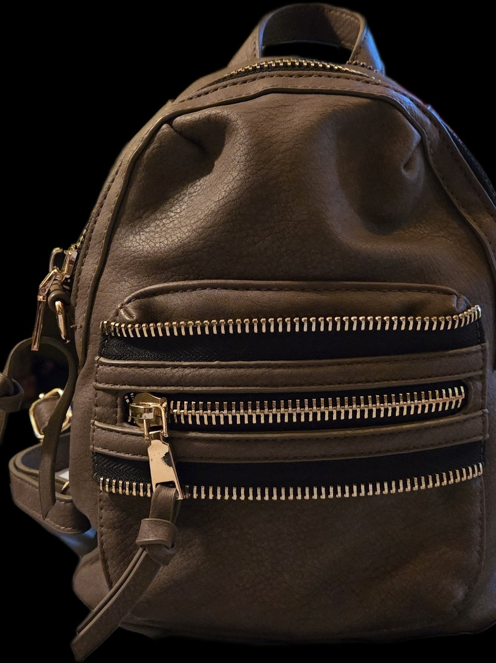 MMS Design Studio Multi-Zip Vegan Leather Mini Backpack–Brown/Gold. Like New!